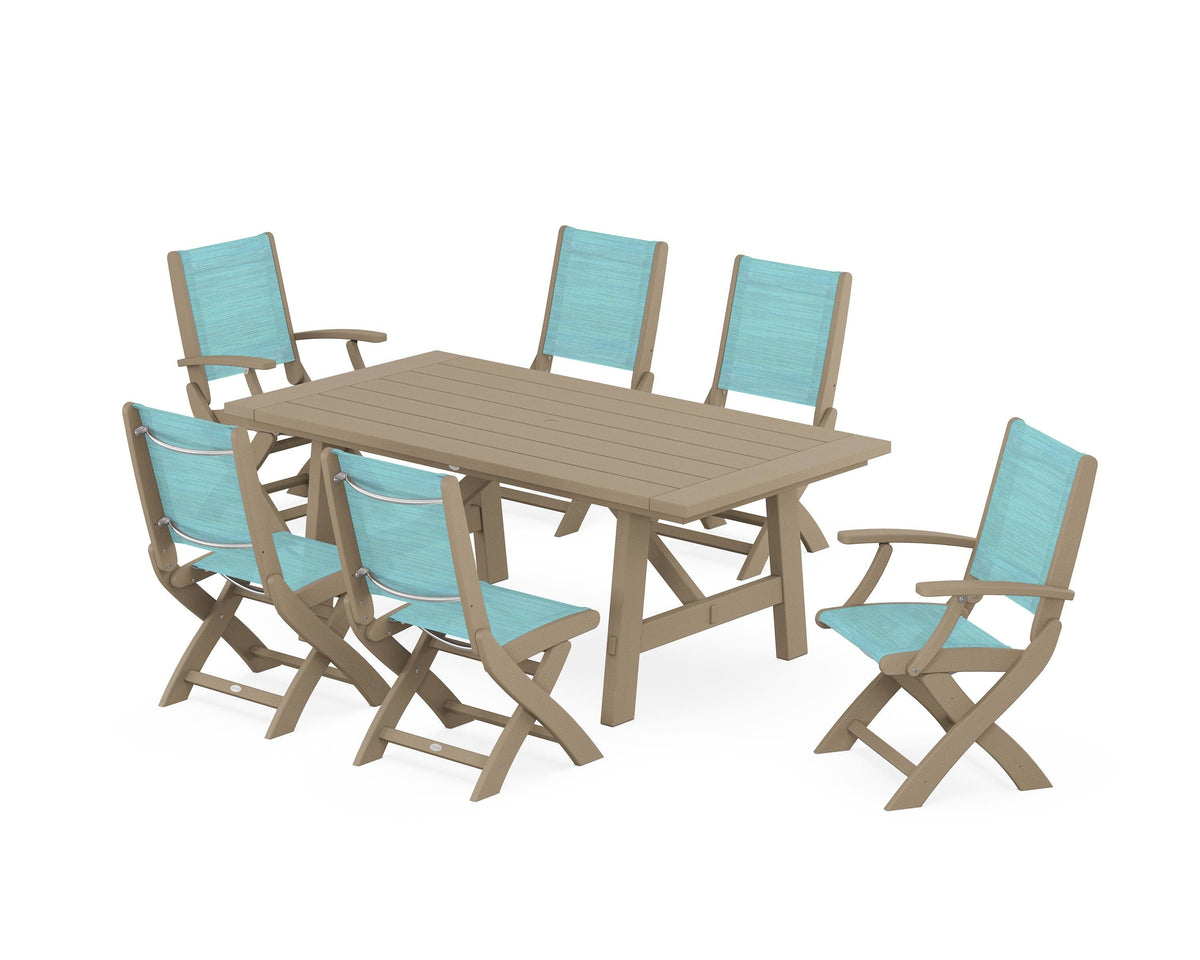 POLYWOOD Coastal Folding Chair 7-Piece Rustic Farmhouse Dining Set in Vintage Sahara / Dupioni Aquamarine