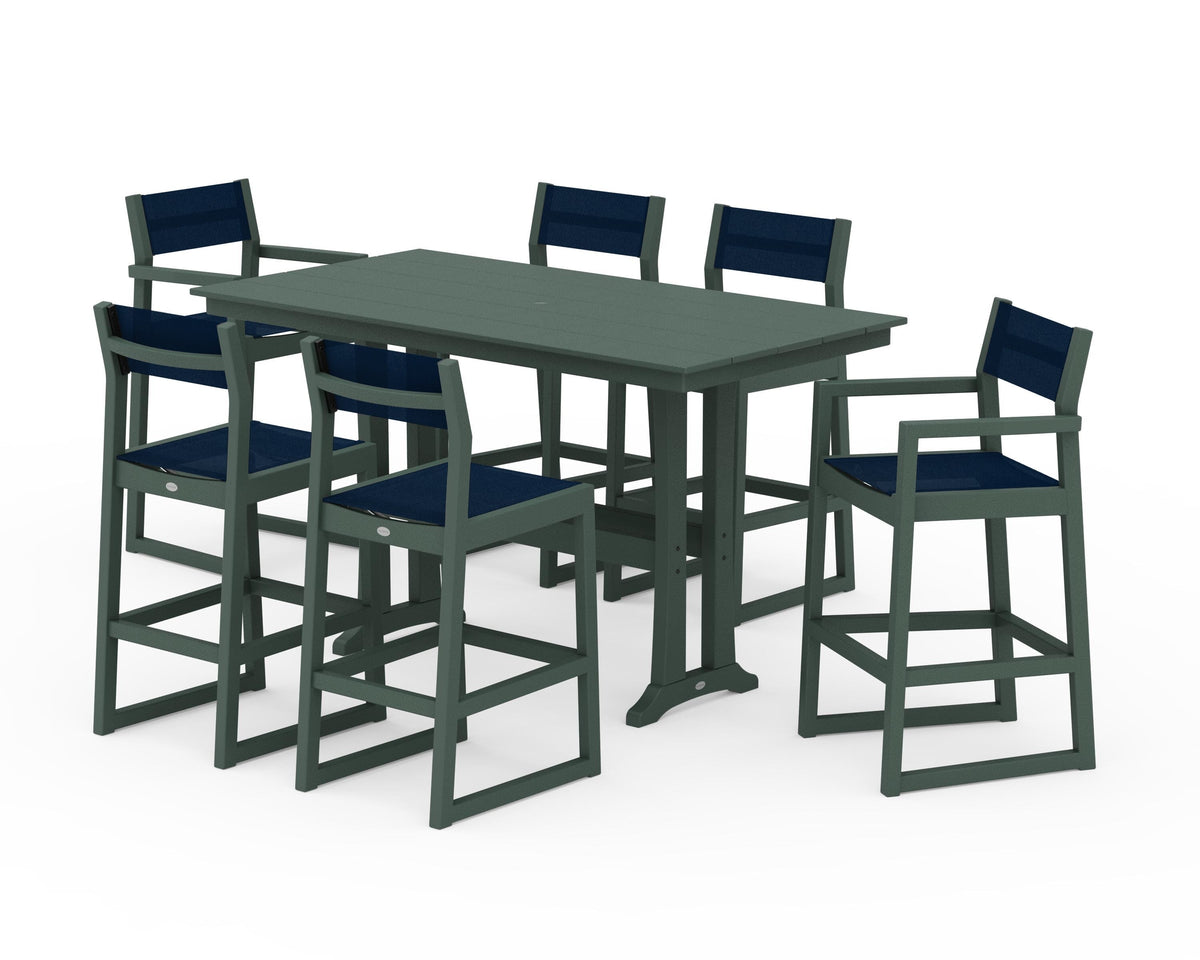 POLYWOOD EDGE Sling 7-Piece Farmhouse Bar Set with Trestle Legs in Green / Navy Blue