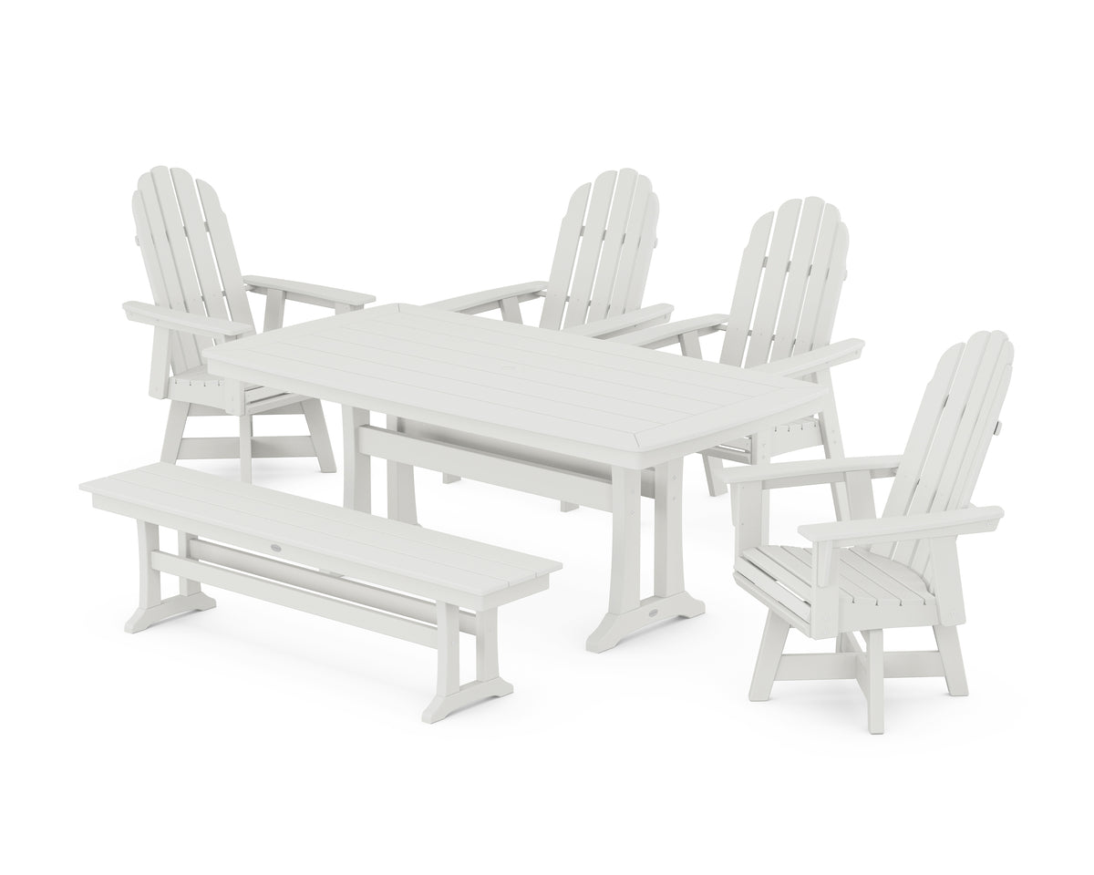 POLYWOOD Vineyard Curveback Adirondack Swivel Chair 6-Piece Dining Set with Trestle Legs and Bench in Vintage White
