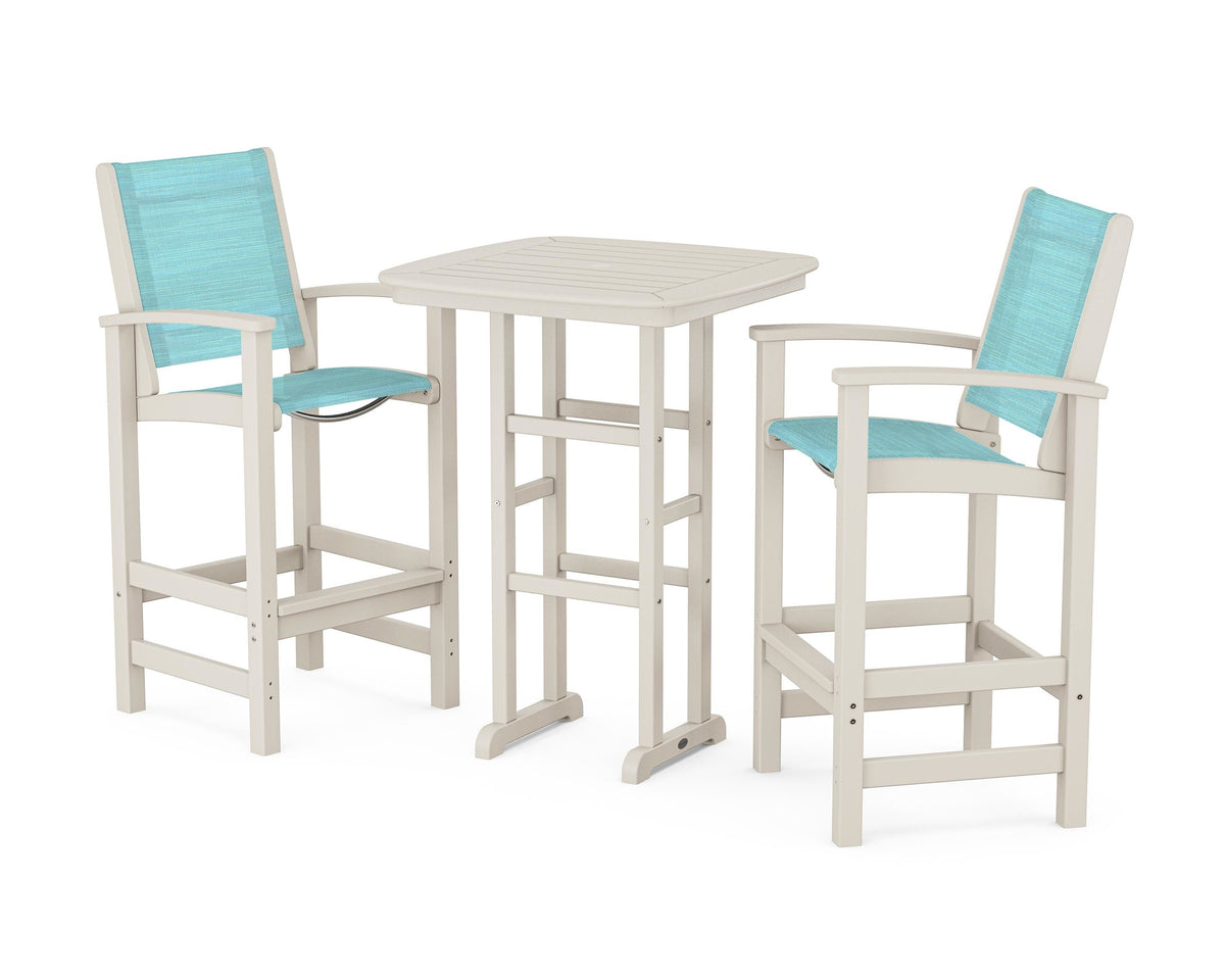 POLYWOOD Coastal 3-Piece Bar Set in Sand / Dupioni Aquamarine