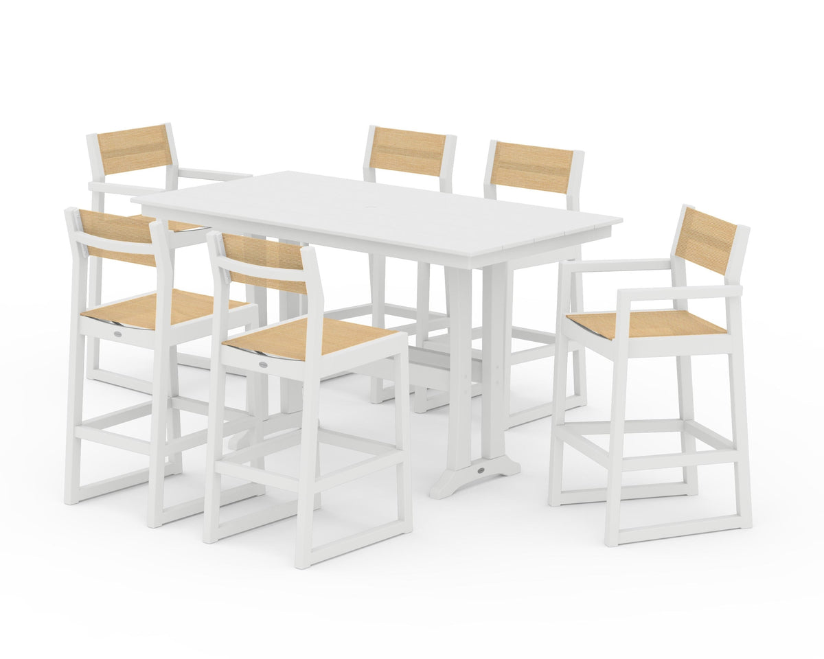 POLYWOOD EDGE Sling 7-Piece Farmhouse Bar Set with Trestle Legs in White / Dupioni Apricot