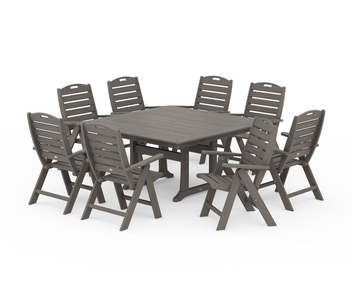 POLYWOOD Nautical Highback 9-Piece Square Dining Set with Trestle Legs in Driftwood