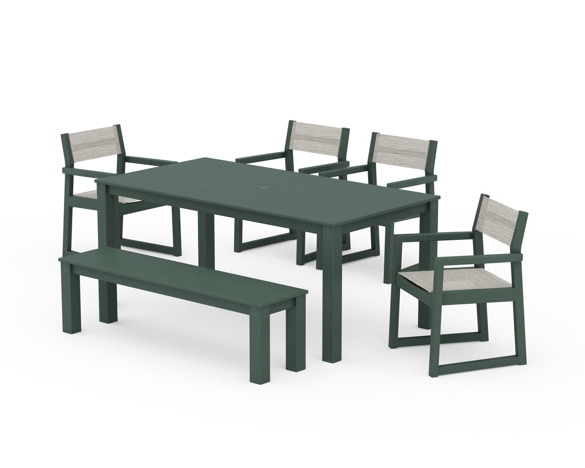 POLYWOOD EDGE Sling Arm Chair 6-Piece Parsons Dining Set with Bench in Green / Birch