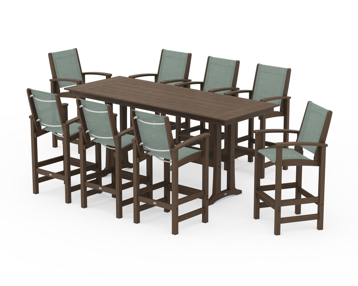 POLYWOOD Coastal 9-Piece Farmhouse Bar Set with Trestle Legs in Kona / Dupioni Sea Mist