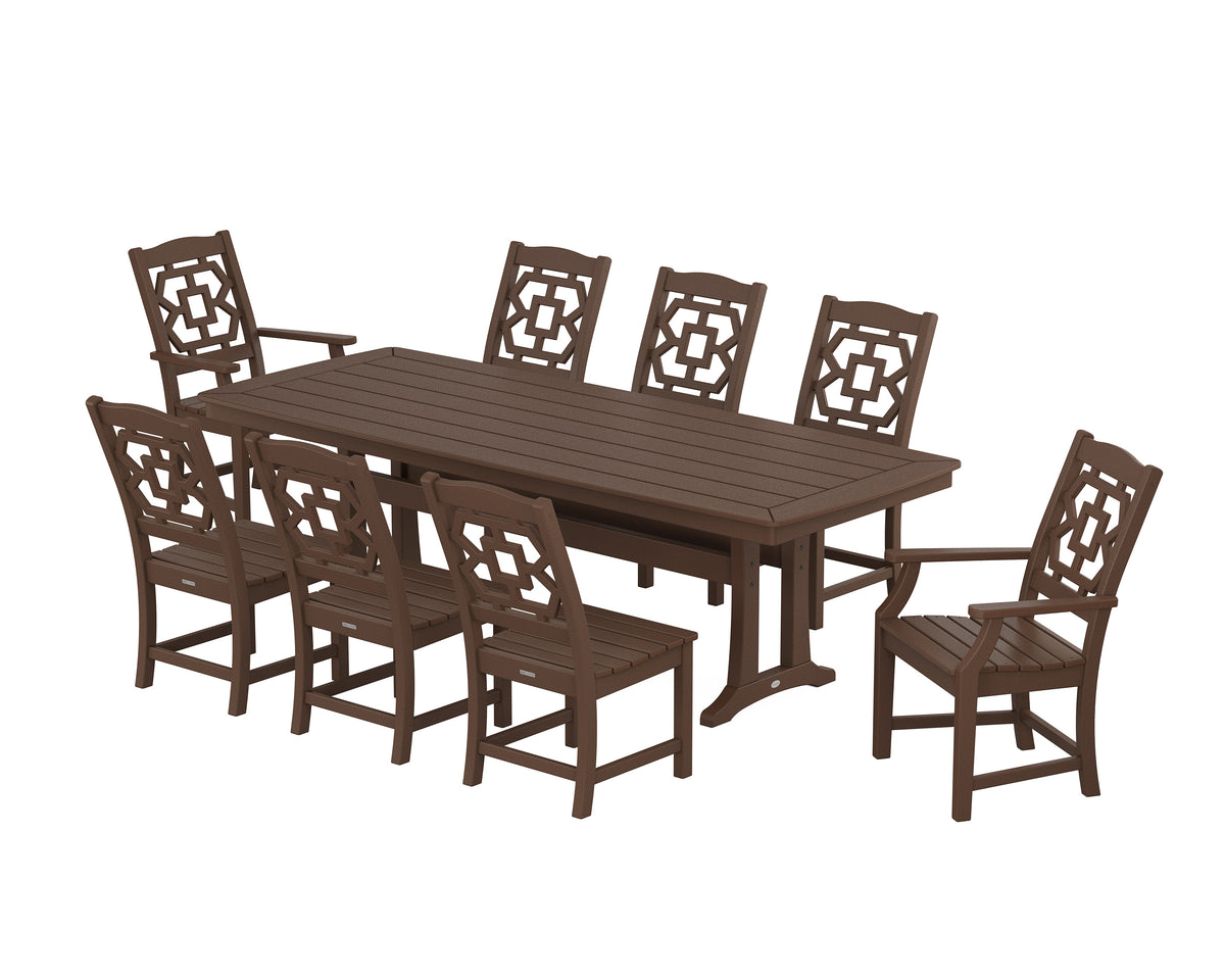POLYWOOD Chinoiserie 9-Piece Dining Set with Trestle Legs in Mahogany