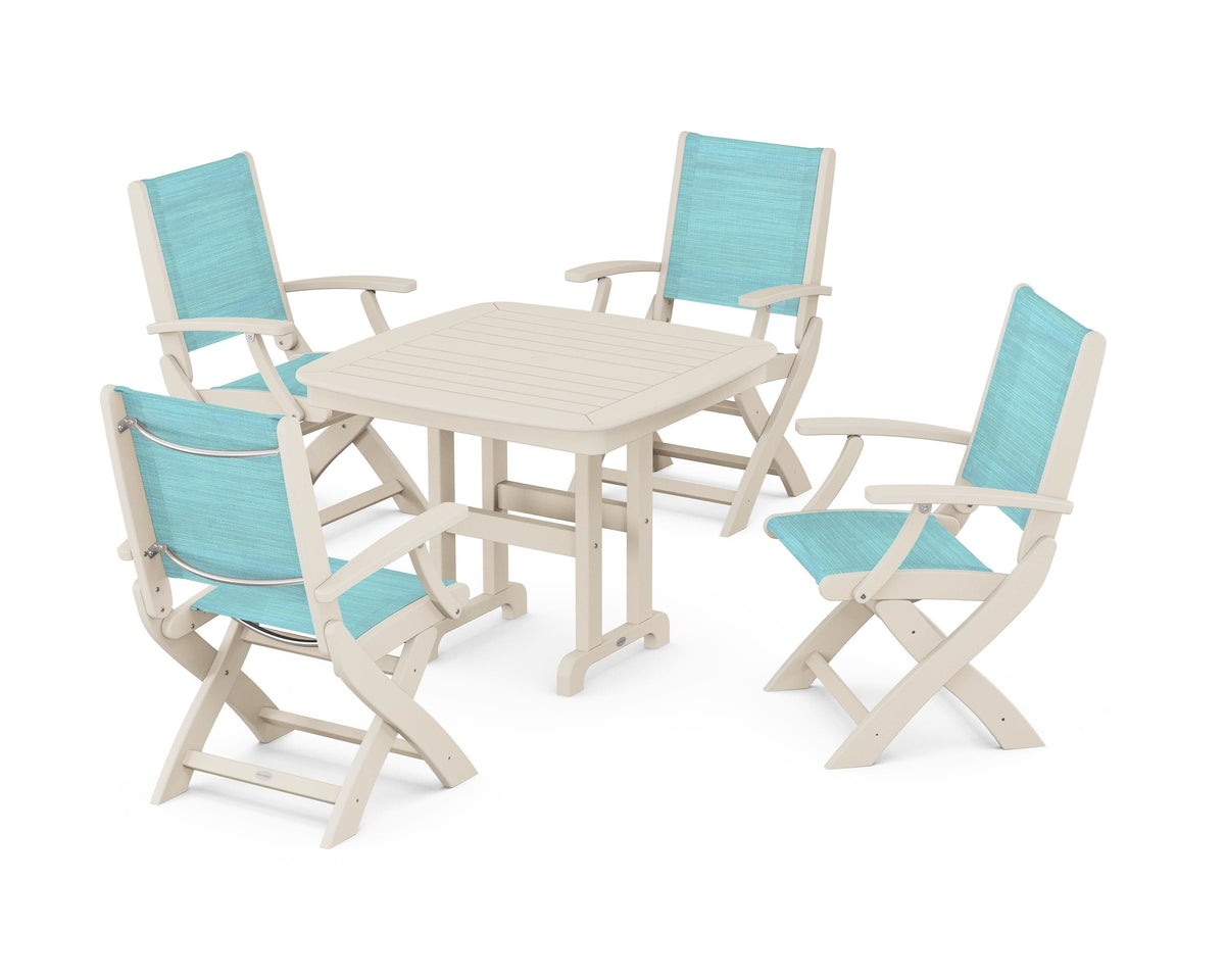POLYWOOD Coastal Folding Chair 5-Piece Dining Set with Nautical 37" Dining Table in Sand / Dupioni Aquamarine