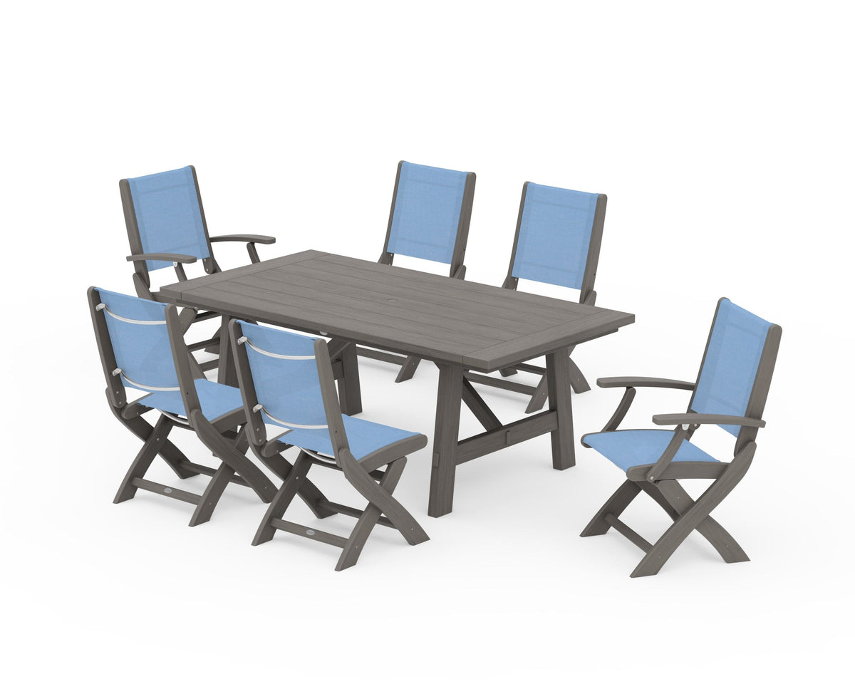 POLYWOOD Coastal Folding Chair 7-Piece Rustic Farmhouse Dining Set in Driftwood / Poolside