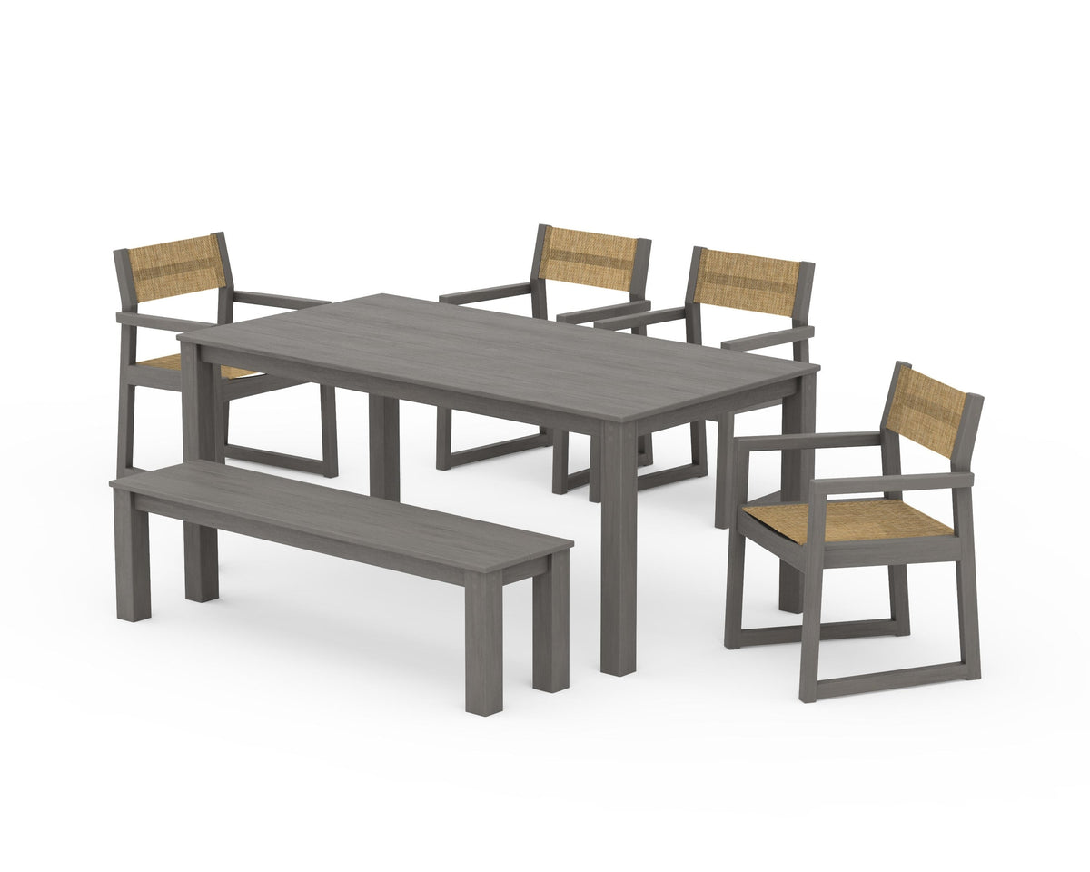POLYWOOD EDGE Sling Arm Chair 6-Piece Parsons Dining Set with Bench in Driftwood / Burlap