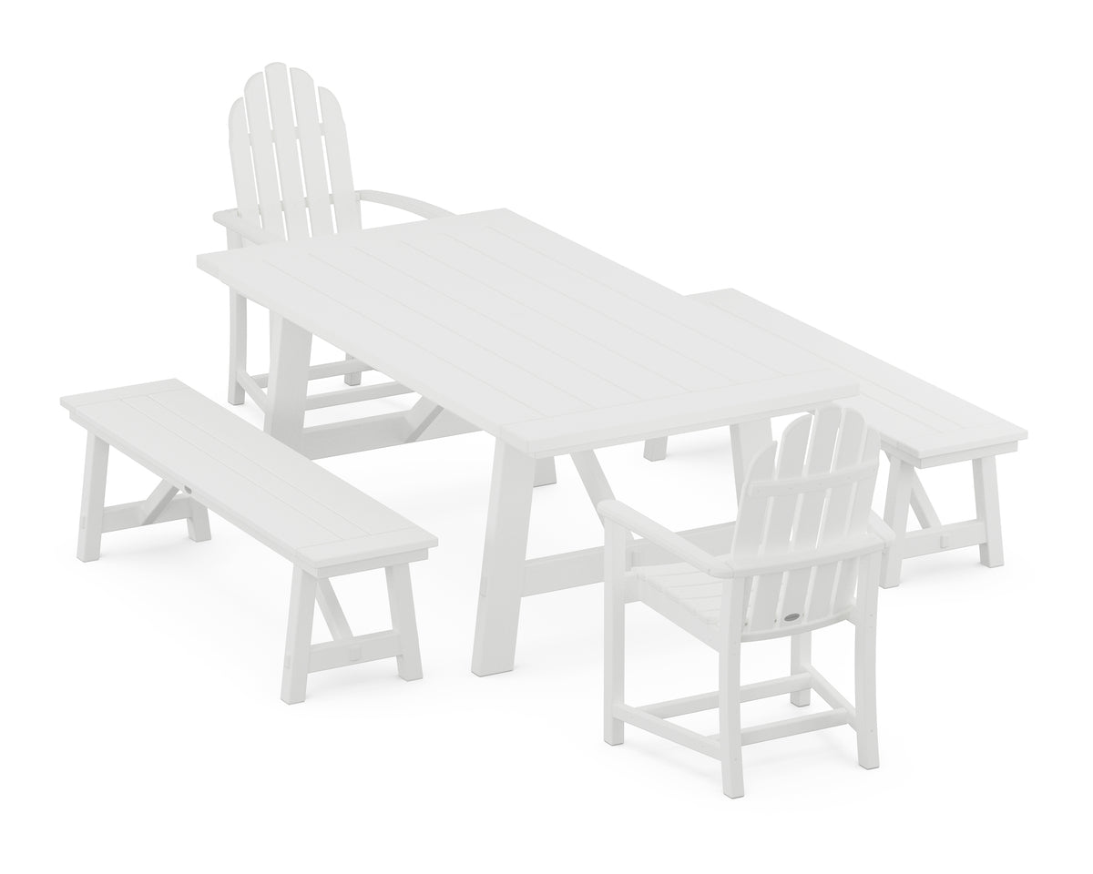 POLYWOOD Classic Adirondack 5-Piece Rustic Farmhouse Dining Set with Benches in White