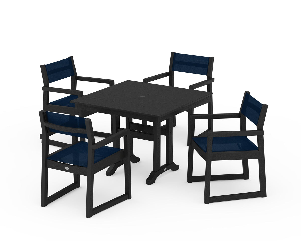 POLYWOOD EDGE Sling 5-Piece Farmhouse Dining Set with Trestle Legs in Black / Navy Blue