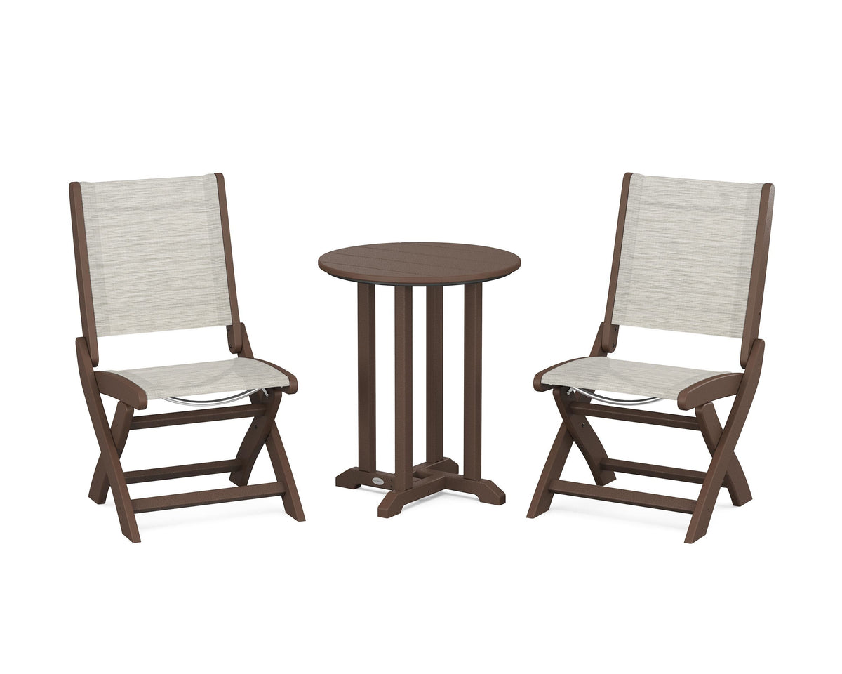 POLYWOOD Coastal Folding Side Chair 3-Piece Round Bistro Dining Set in Mahogany / Birch