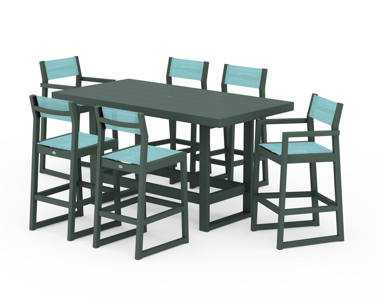 POLYWOOD EDGE Sling 7-Piece Bar Table Set in Green / Dupioni Aquamarine
