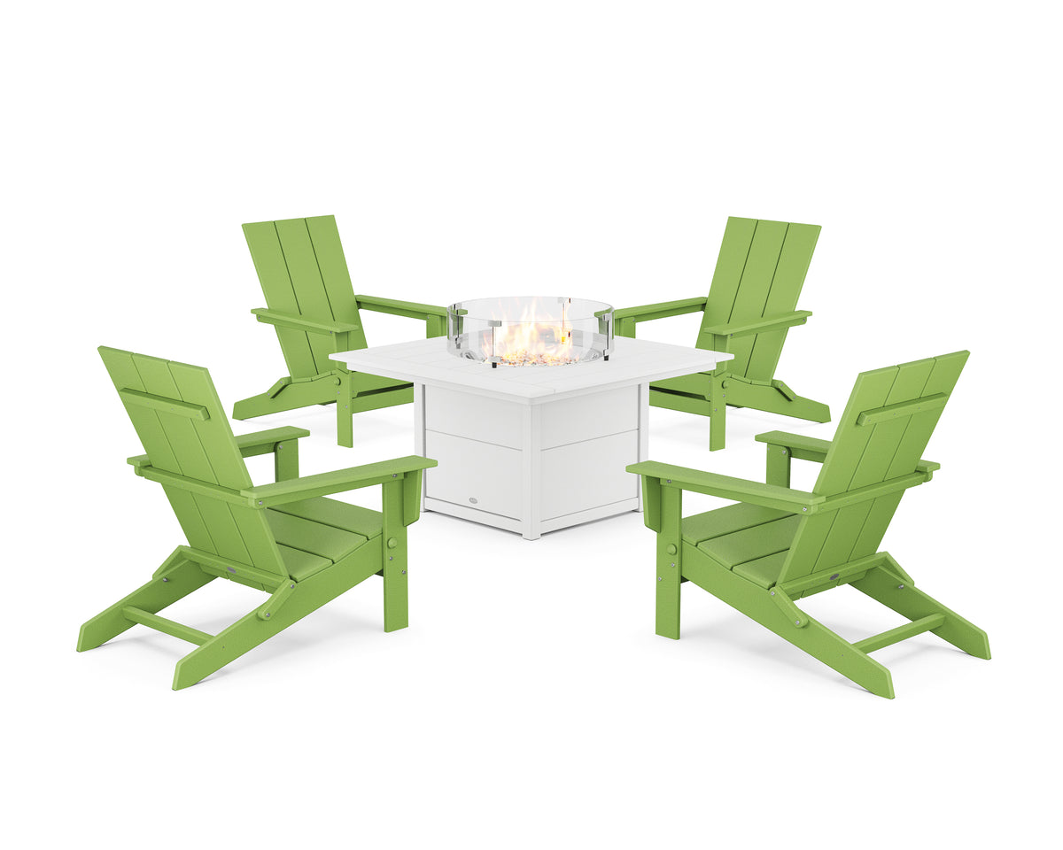 POLYWOOD 5-Piece Modern Studio Folding Adirondack Conversation Set with Fire Pit Table in Lime / White