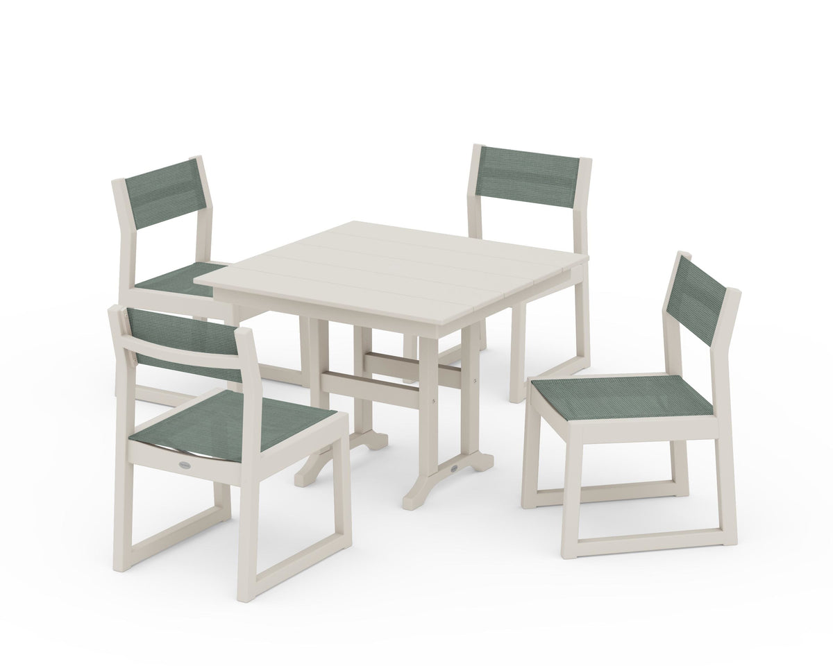 POLYWOOD EDGE Sling Side Chair 5-Piece Farmhouse Dining Set in Sand / Dupioni Sea Mist