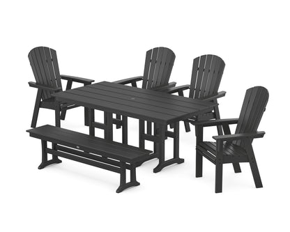 POLYWOOD Nautical Curveback Adirondack 6-Piece Farmhouse Dining Set with Bench in Black