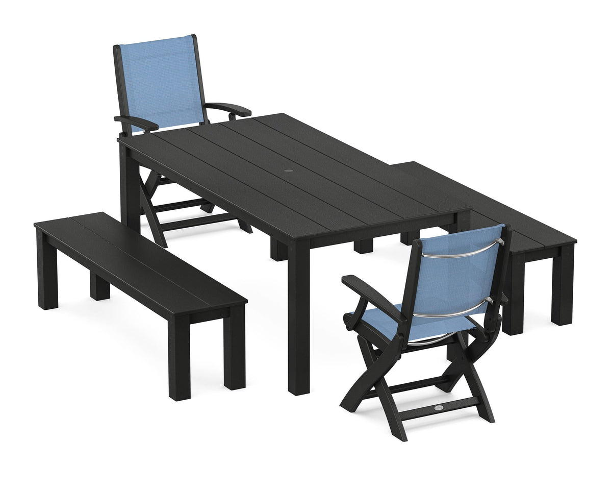 POLYWOOD Coastal Folding Chair 5-Piece Parsons Dining Set with Benches in Black / Poolside
