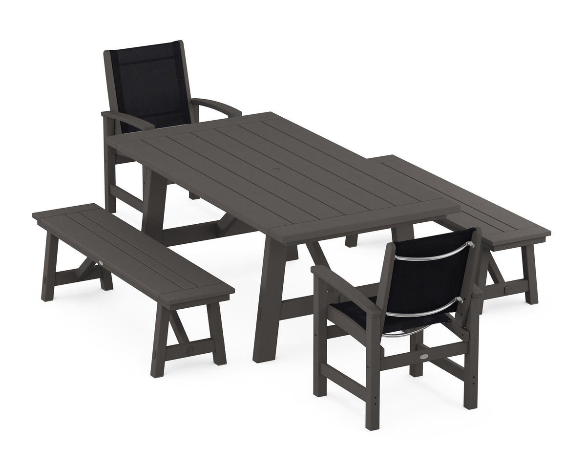 POLYWOOD Coastal 5-Piece Rustic Farmhouse Dining Set With Benches in Vintage Coffee / Black