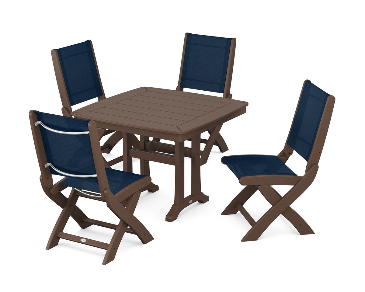 POLYWOOD Coastal Folding Side Chair 5-Piece Dining Set with Trestle Legs in Mahogany / Navy Blue