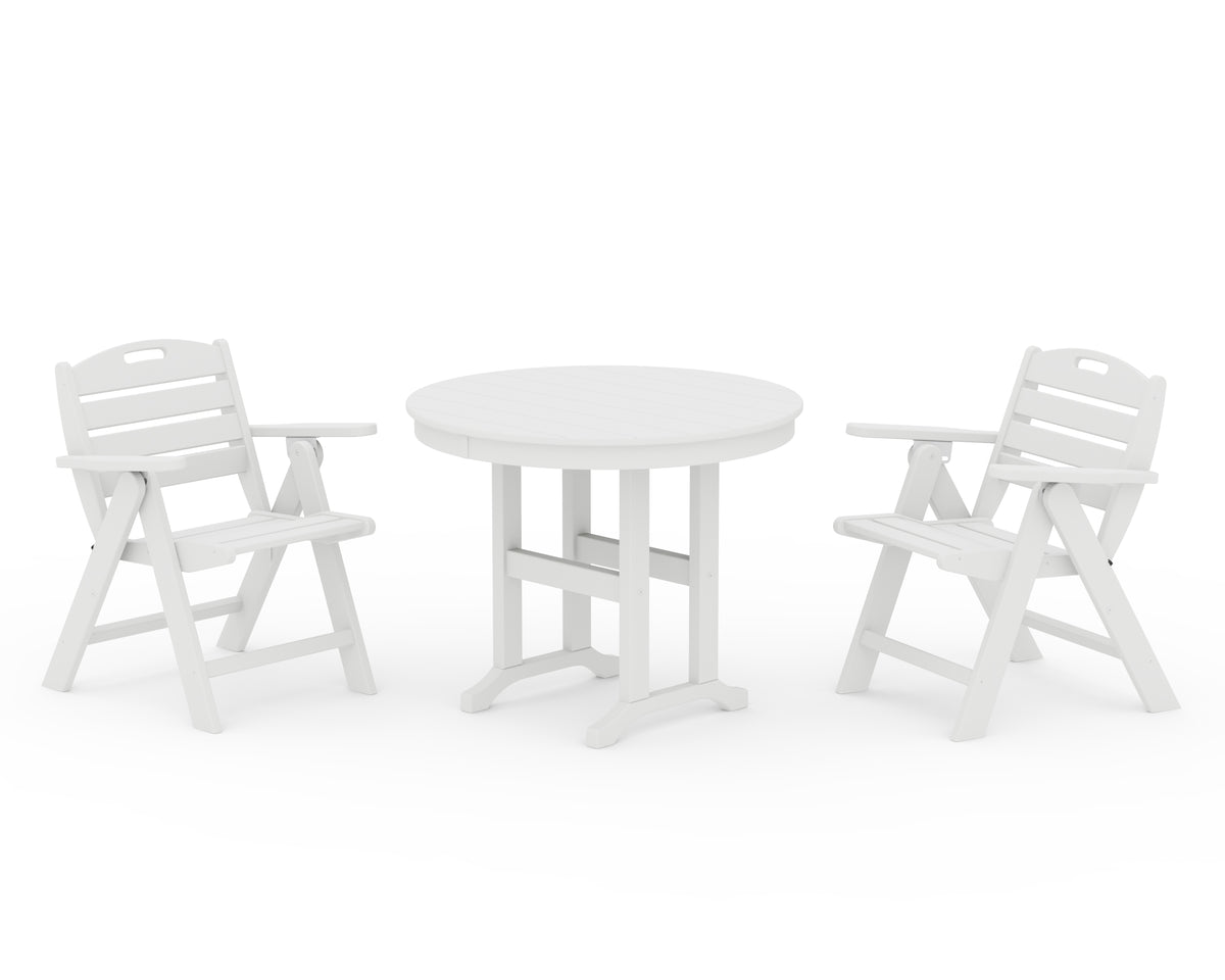 POLYWOOD Nautical Folding Lowback Chair 3-Piece Round Dining Set in White
