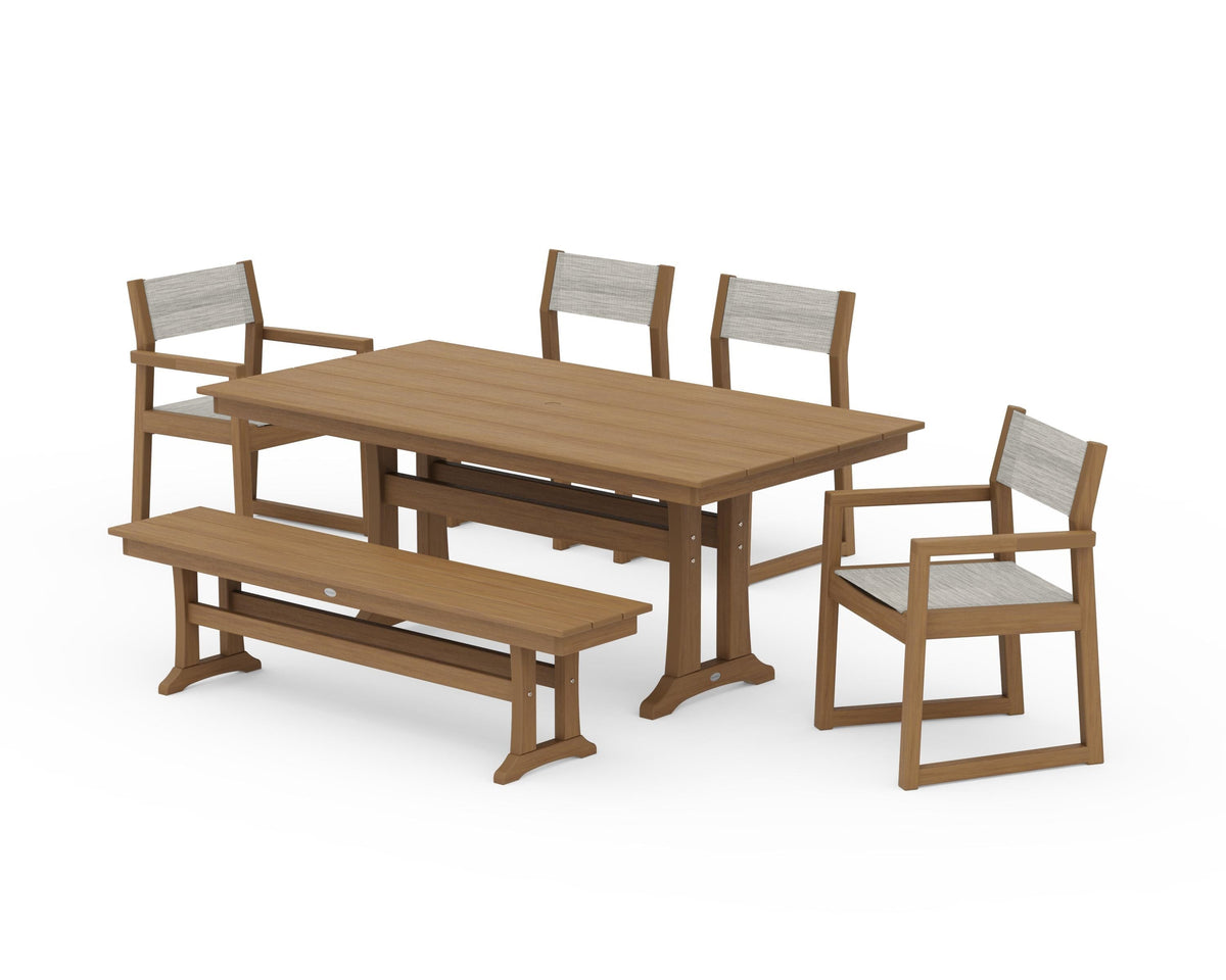 POLYWOOD EDGE Sling 6-Piece Farmhouse Dining Set With Trestle Legs in Natural / Birch