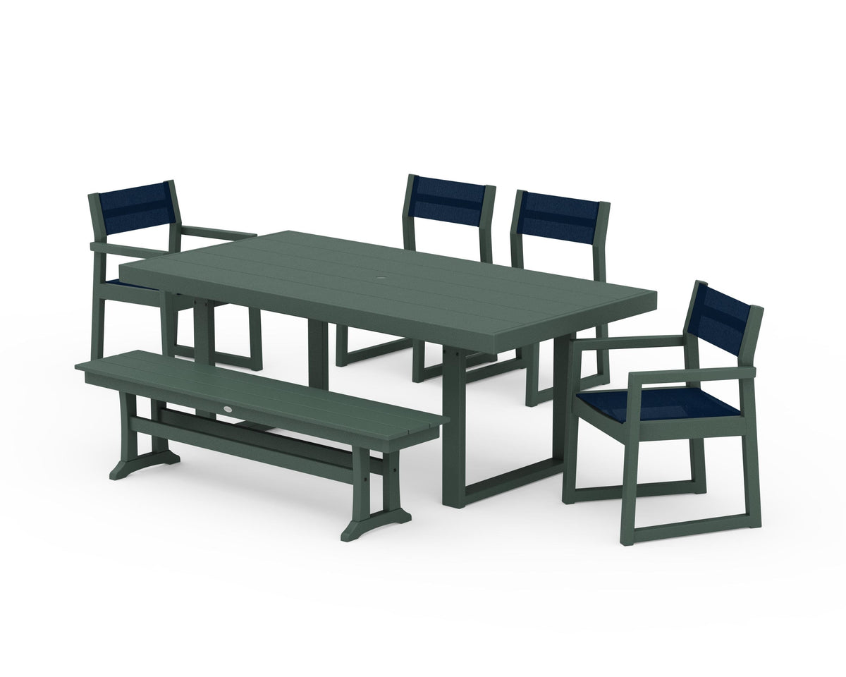 POLYWOOD EDGE Sling 6-Piece Dining Set with Bench in Green / Navy Blue