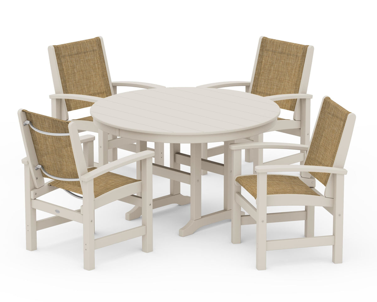 POLYWOOD Coastal 5-Piece Round Farmhouse Dining Set in Sand / Burlap