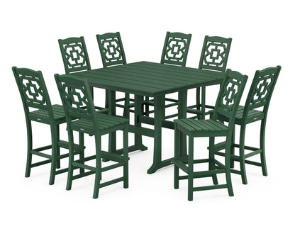 POLYWOOD Chinoiserie 9-Piece Square Farmhouse Side Chair Bar Set with Trestle Legs in Green