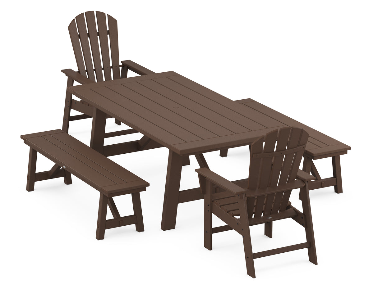 POLYWOOD South Beach 5-Piece Rustic Farmhouse Dining Set with Benches in Mahogany