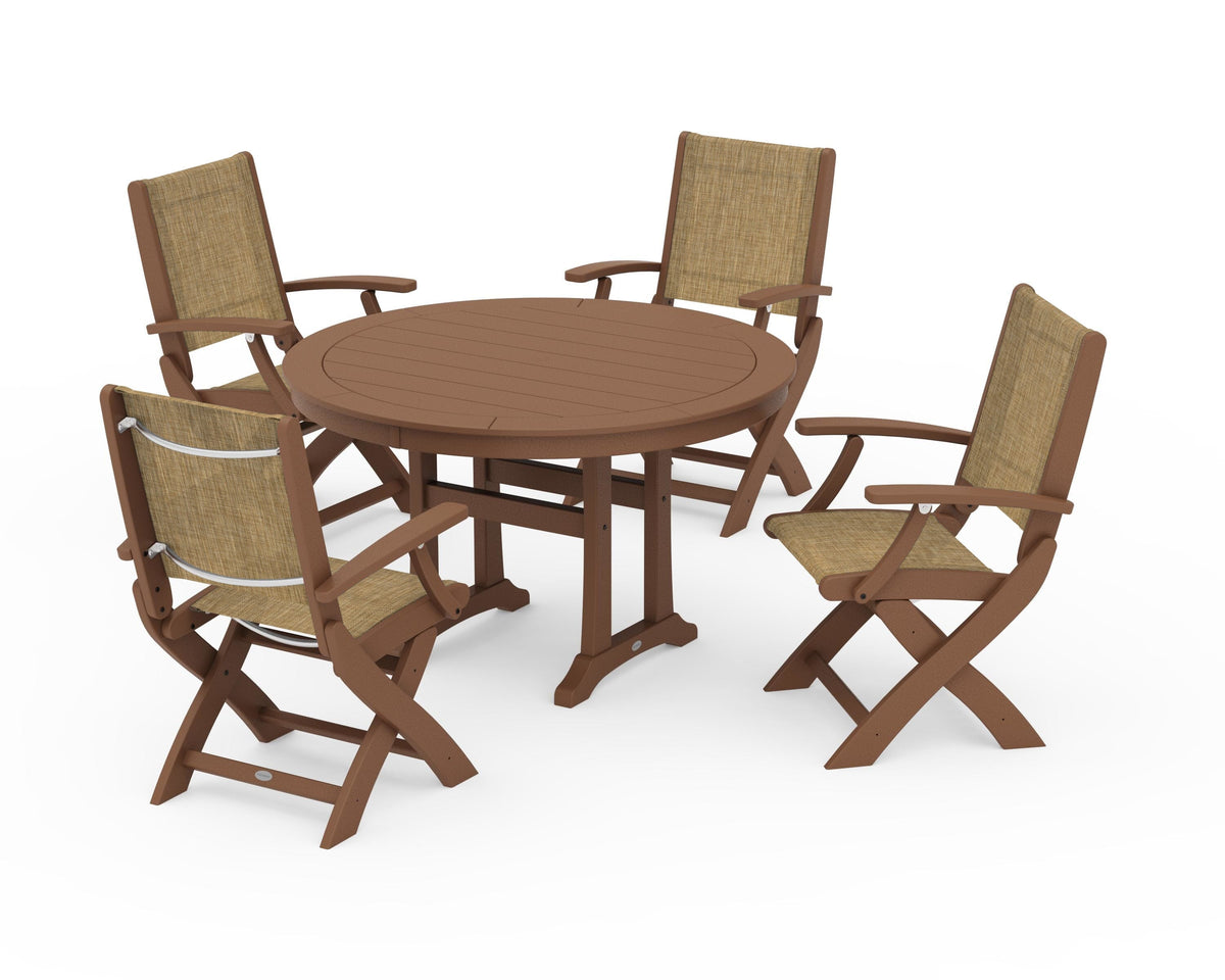 POLYWOOD Coastal Folding Chair 5-Piece Round Dining Set with Trestle Legs in Teak / Burlap