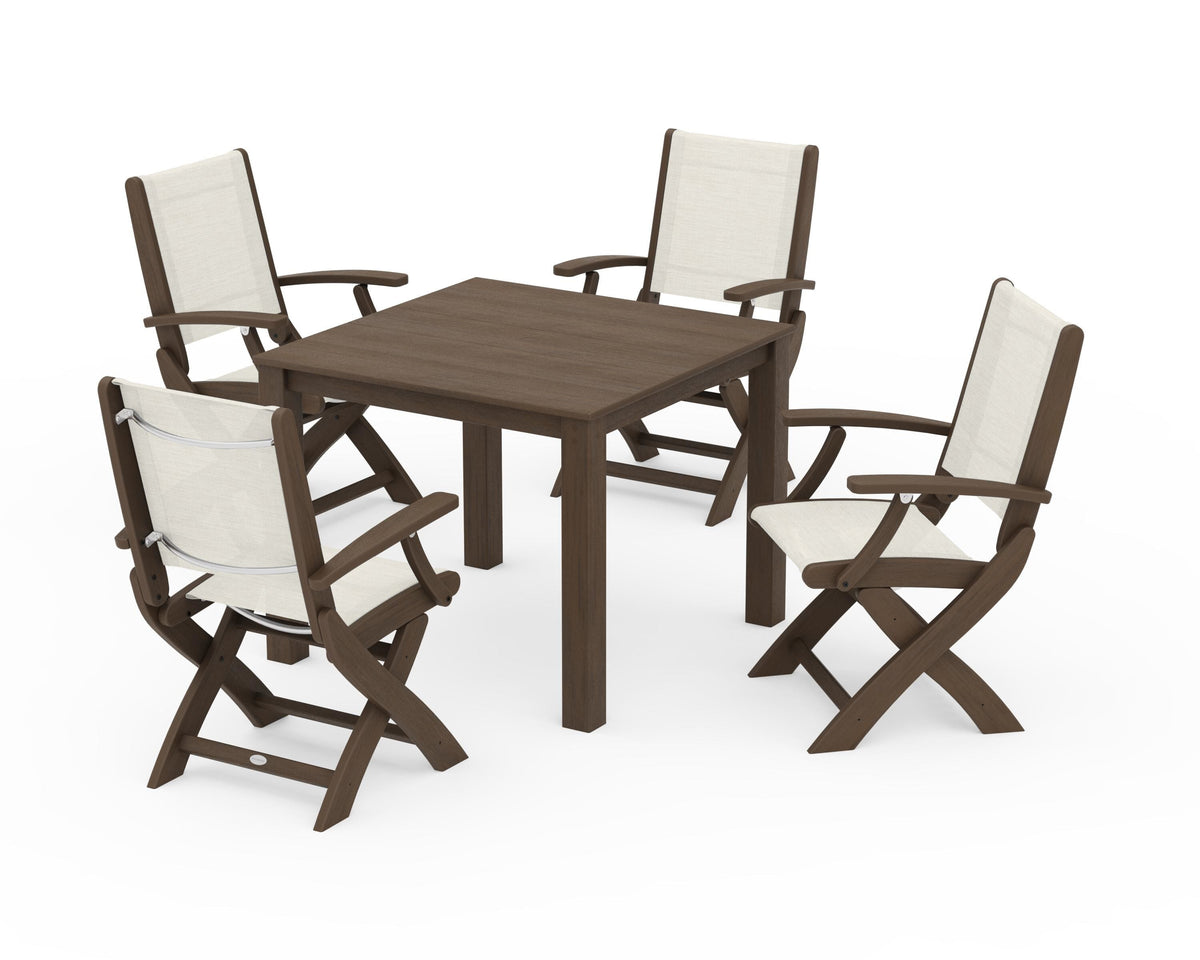 POLYWOOD Coastal Folding Chair 5-Piece Parsons Dining Set in Kona / Parchment