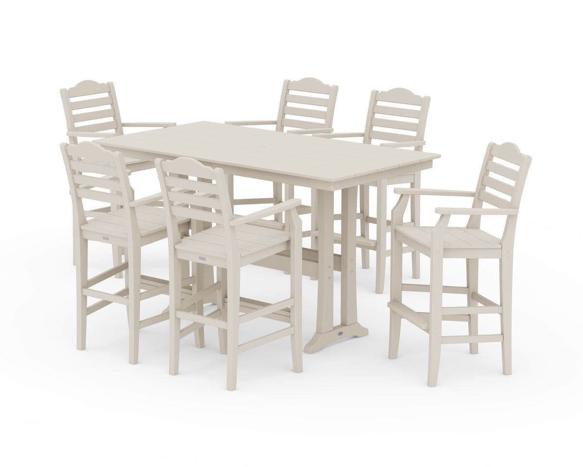 POLYWOOD Savannah Arm Chair 7-Piece Farmhouse Bar Set with Trestle Legs in Sand