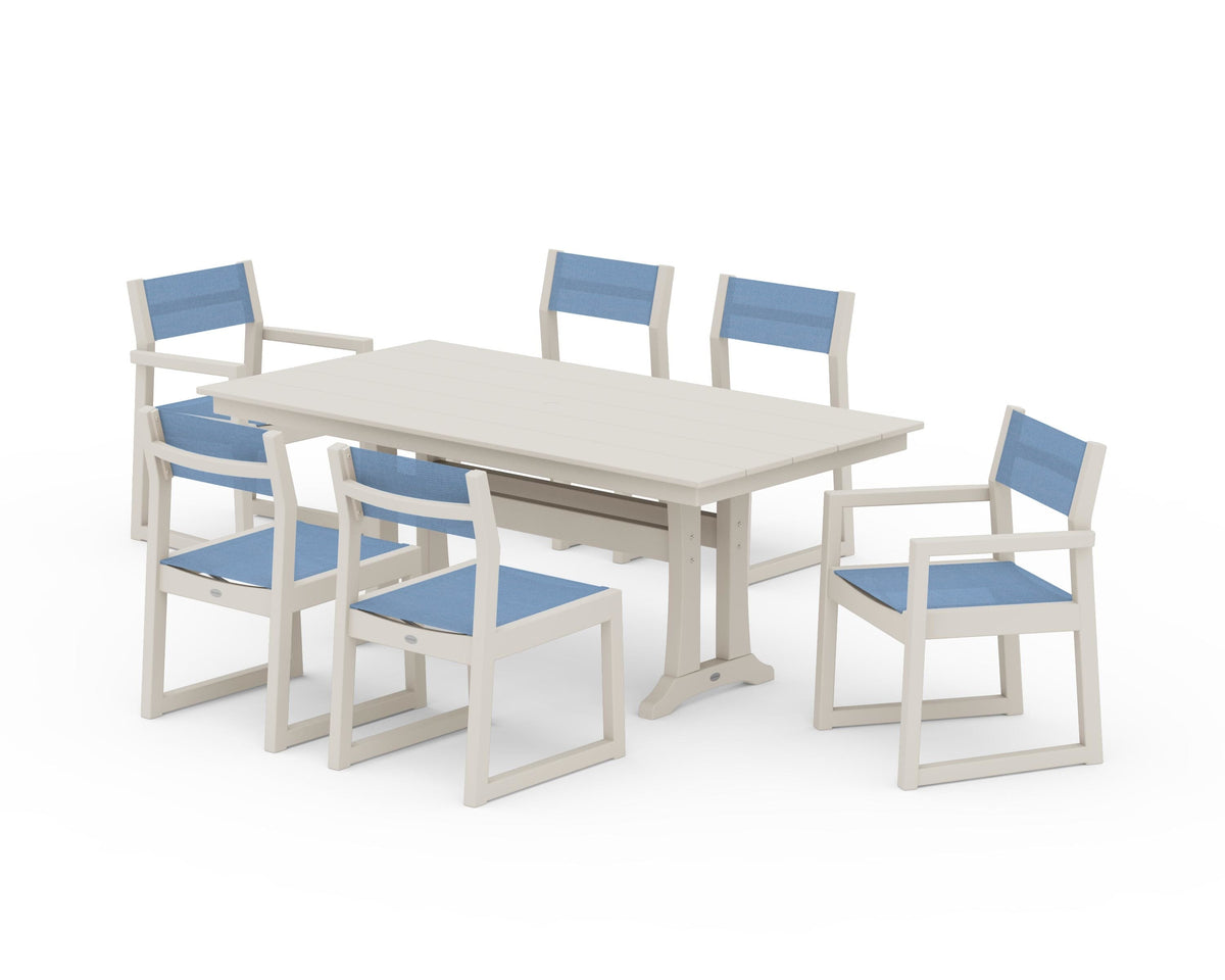 POLYWOOD EDGE Sling 7-Piece Farmhouse Trestle Dining Set in Sand / Poolside