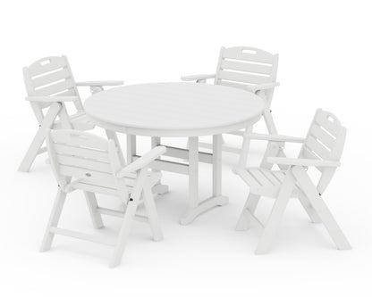 POLYWOOD Nautical Folding Lowback Chair 5-Piece Round Farmhouse Dining Set in White