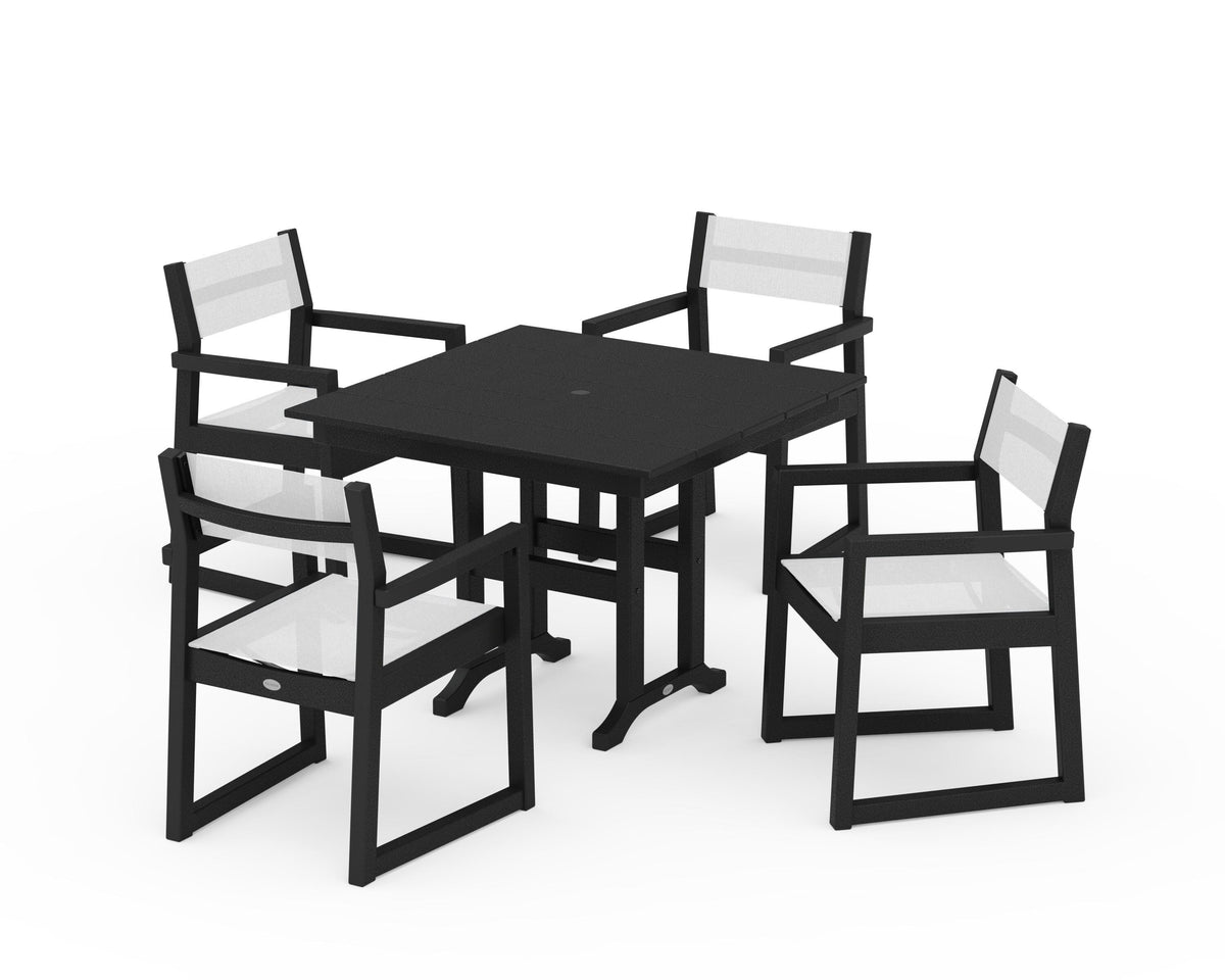 POLYWOOD EDGE Sling Arm Chair 5-Piece Farmhouse Dining Set in Black / White