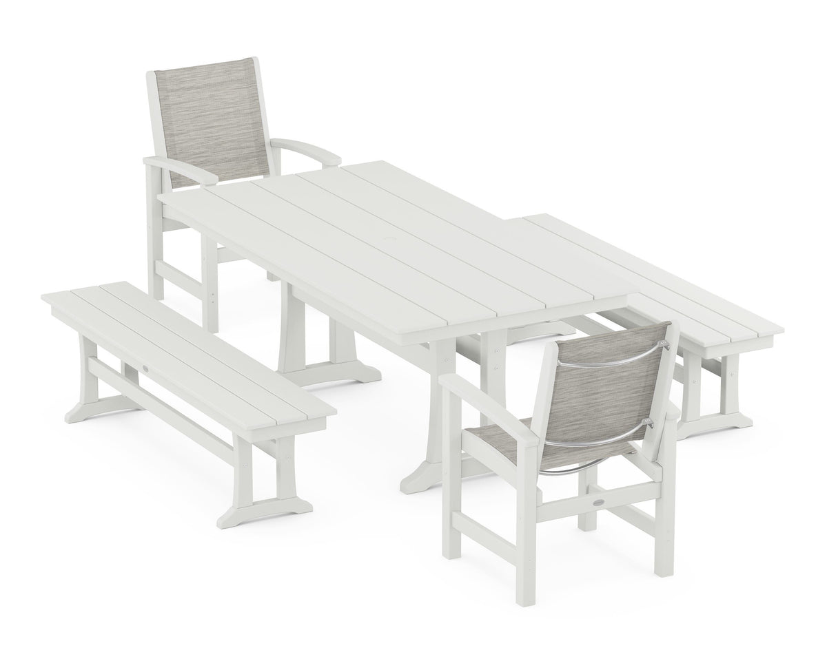 POLYWOOD Coastal 5-Piece Farmhouse Dining Set with Trestle Legs and Benches in Vintage White / Birch