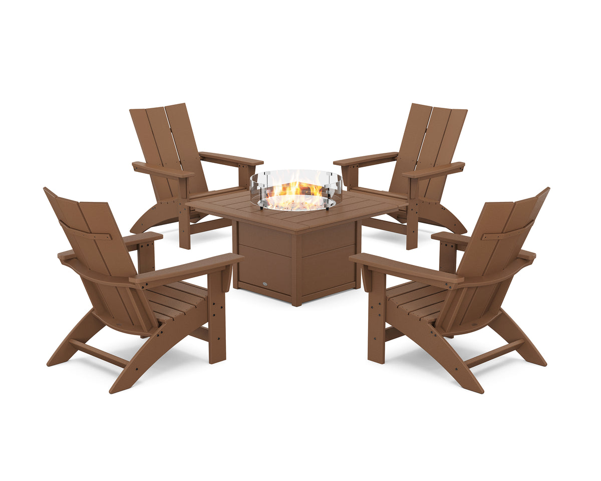 POLYWOOD 5-Piece Modern Grand Adirondack Conversation Set with Fire Pit Table in Teak