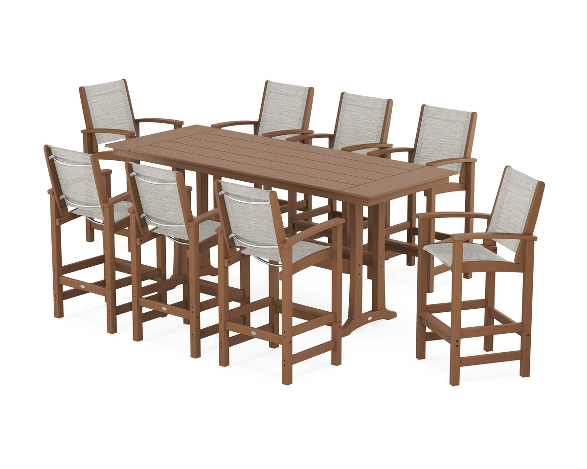 POLYWOOD Coastal 9-Piece Farmhouse Bar Set with Trestle Legs in Teak / Birch