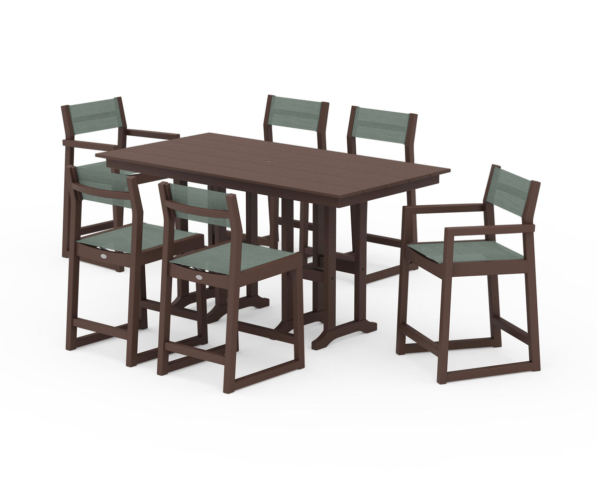 POLYWOOD EDGE Sling 7-Piece Farmhouse Counter Set with Trestle Legs in Mahogany / Dupioni Sea Mist