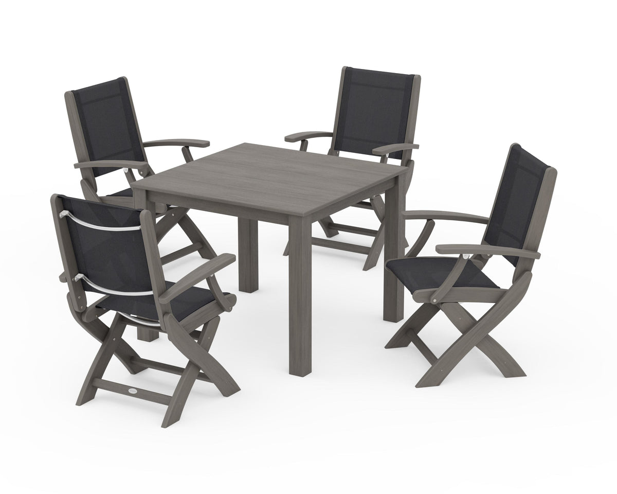 POLYWOOD Coastal Folding Chair 5-Piece Parsons Dining Set in Driftwood / Black