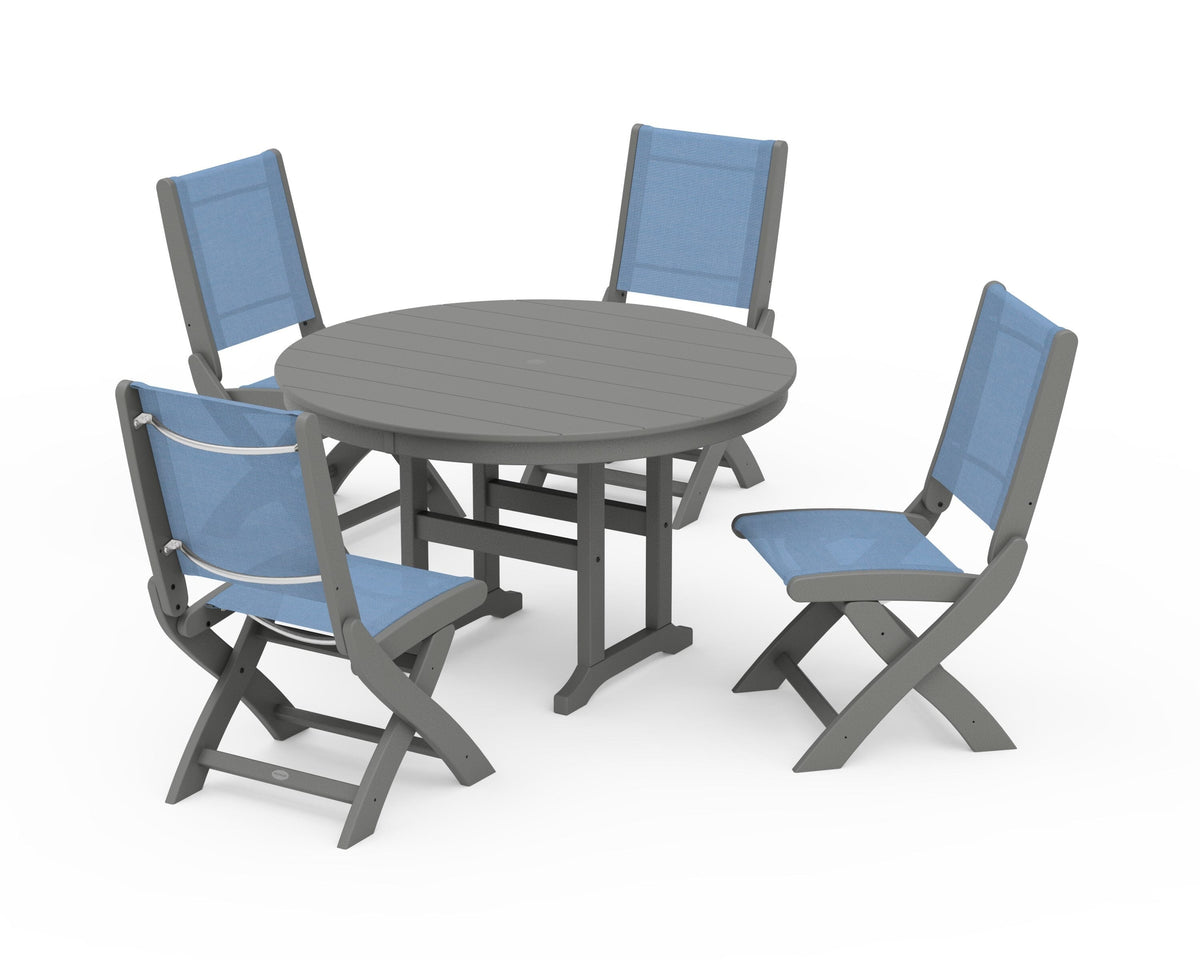 POLYWOOD Coastal Folding Side Chair 5-Piece Round Dining Set in Slate Grey / Poolside