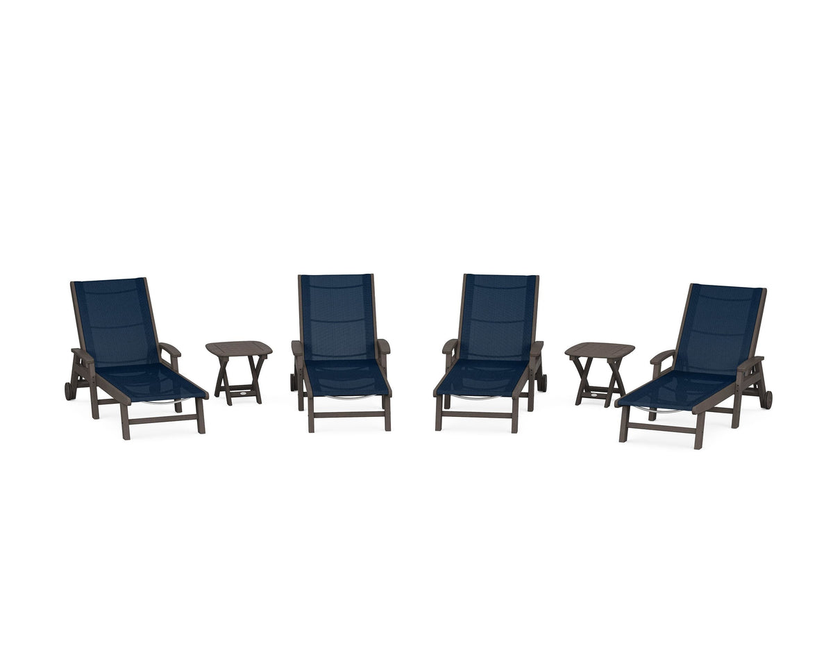POLYWOOD Coastal Chaise 6-Piece Set with Wheels in Vintage Coffee / Navy Blue