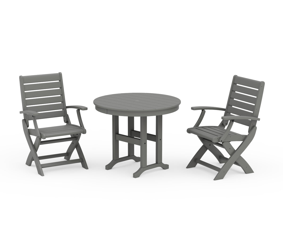 POLYWOOD Signature Folding Chair 3-Piece Round Farmhouse Dining Set in Slate Grey