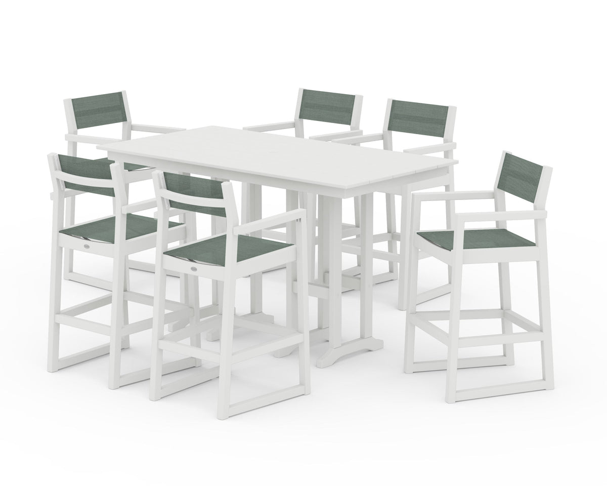 POLYWOOD EDGE Sling Arm Chair 7-Piece Farmhouse Bar Set in Vintage White / Dupioni Sea Mist