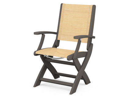 POLYWOOD Coastal Folding Chair in Vintage Coffee with Vintage Coffee arms and Dupioni Apricot sling