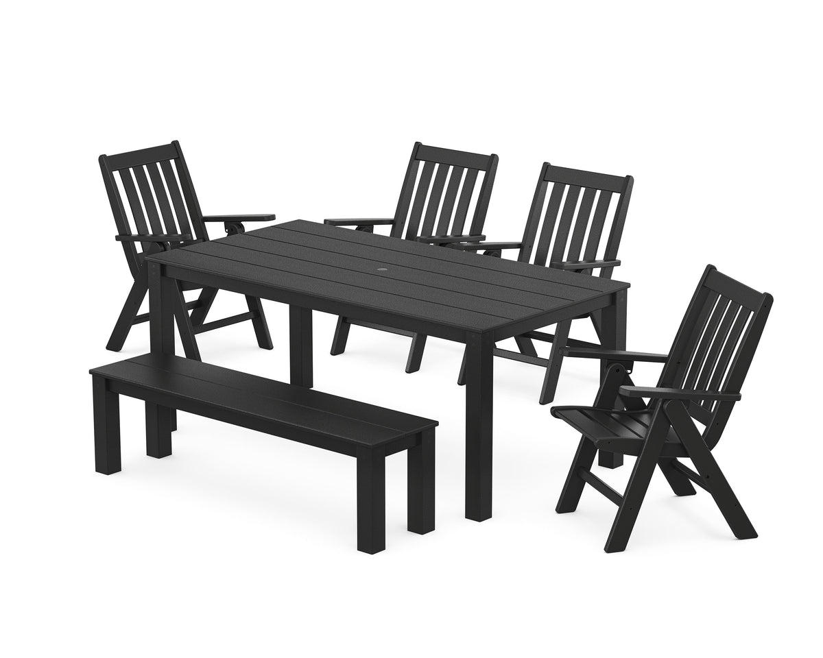 POLYWOOD Vineyard Folding Chair 6-Piece Parsons Dining Set with Bench in Black