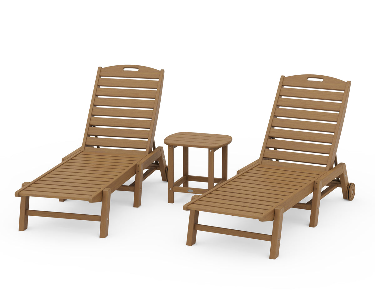 POLYWOOD Nautical 3-Piece Wheeled Chaise Set with South Beach 18" Side Table in Natural