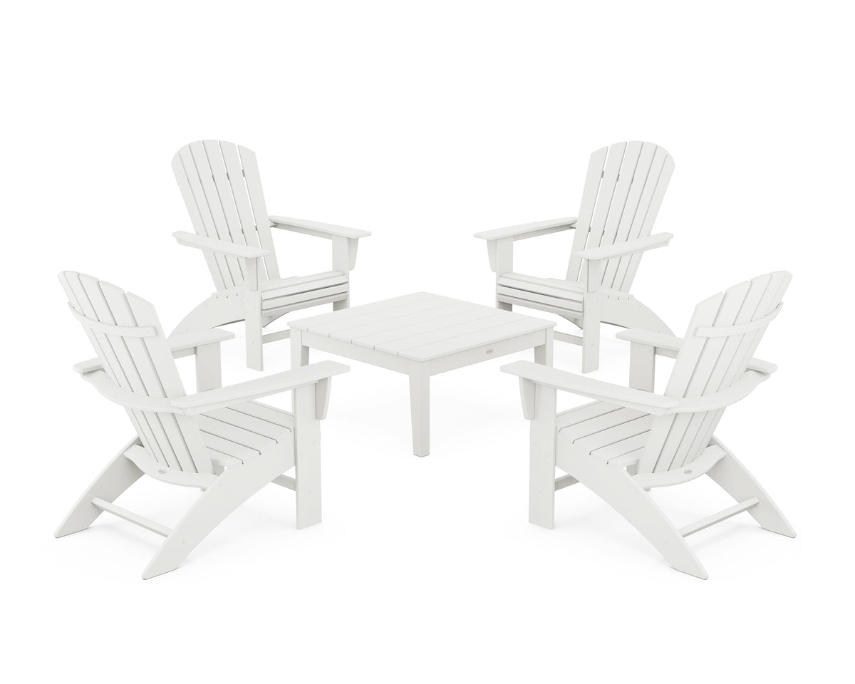 POLYWOOD 5-Piece Nautical Curveback Adirondack Chair Conversation Set with 36" Conversation Table in Vintage White
