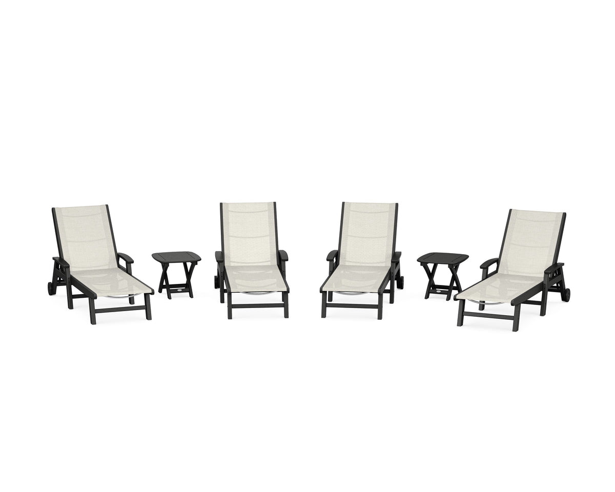 POLYWOOD Coastal Chaise 6-Piece Set with Wheels in Black / Parchment