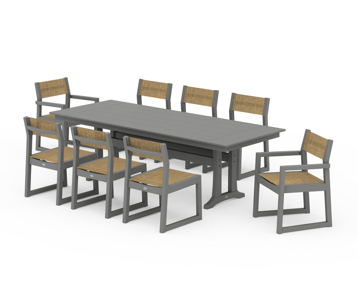 POLYWOOD EDGE Sling 9-Piece Farmhouse Trestle Dining Set in Slate Grey / Burlap