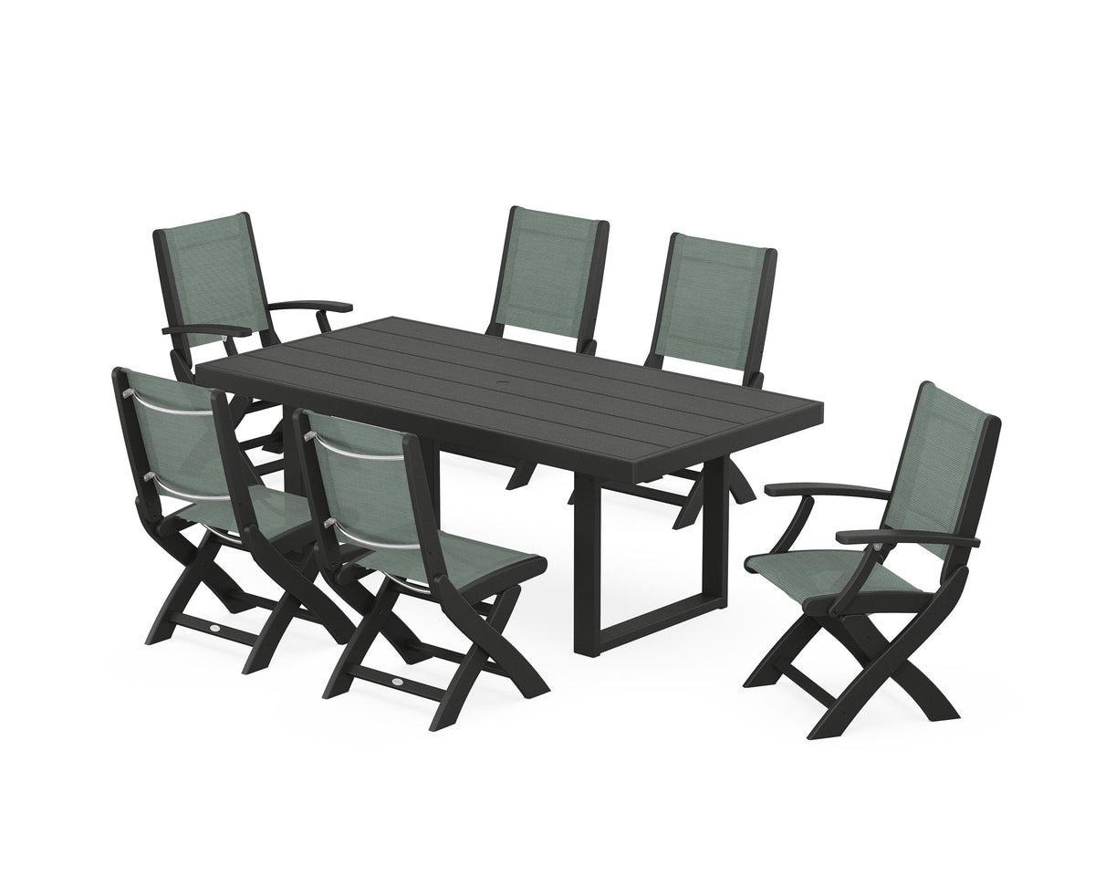 POLYWOOD Coastal Folding Chair 7-Piece Dining Set with Trestle Legs with EDGE 40" x 78" Dining Table in Black / Dupioni Sea Mist